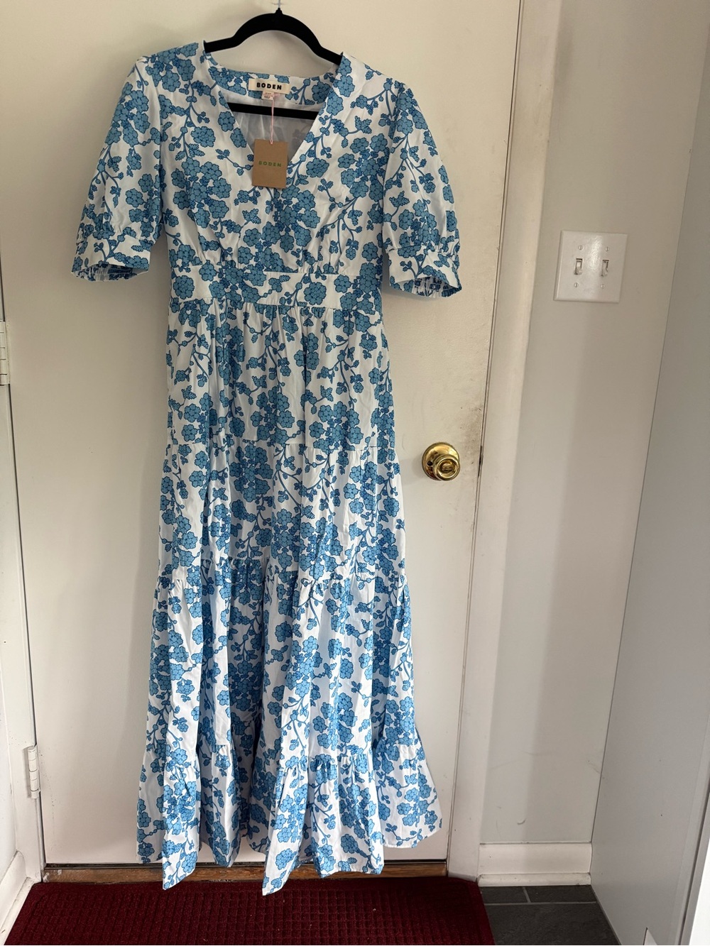 Boden White Maxi Dress with Blue Floral Print